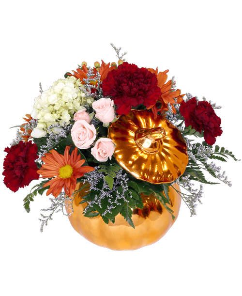 A gold metallic pumpkin with a lid holds an all-around arrangement with spray roses, a mini green hydrangea, carnations, daisy poms, hypericum, and caspia. 10 inchH x 9 inchW