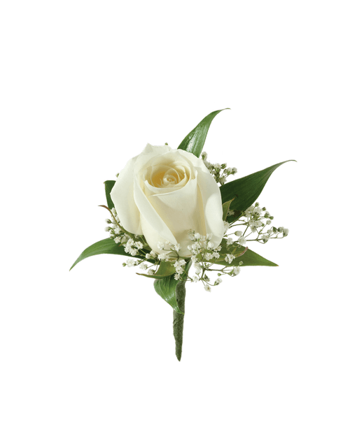 A boutonniere with one White Rose and babies breath
*** Because of the specialized nature of these products, the order can’t be cancelled after the arrangement is made.
