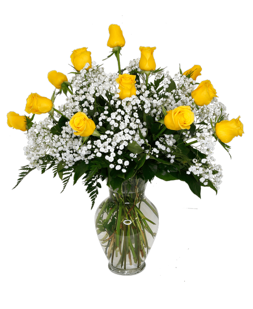 A rose arrangement with one dozen long-stemmed yellow roses, baby's breath and greens designed all-around in a 10 inchH clear glass vase. 26 inch height