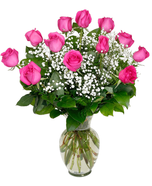 A rose arrangement with one dozen long-stemmed pink roses, baby's breath and greens designed all-around in a 10 inchH clear glass vase. 26 inch height