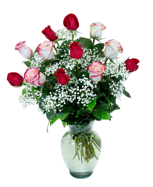 An all around rose arrangement with six red roses, six sweetness roses and babies breath arranged in a 10 inchH clear glass vase. Height 26 inch