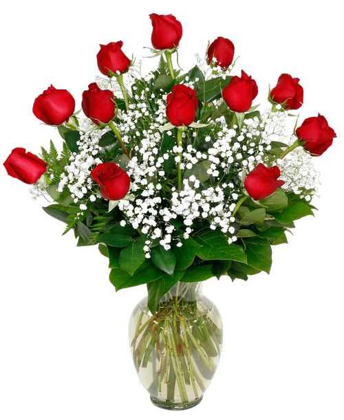 A rose arrangement with one dozen long-stemmed roses, baby's breath and greens designed all-around in a 10 inchH clear glass vase. 26 inch height