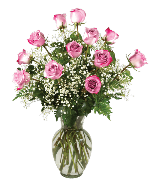 A rose arrangement with one dozen long-stemmed lavender roses, baby's breath and greens designed all-around in a 10 inchH clear glass vase. 26 inch height