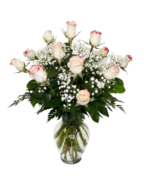 An all around rose arrangement with one dozen sweetness roses and baby's breath arranged in a 10 inchH clear glass vase. Height 26 inch