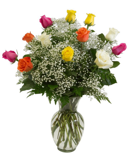 A rose arrangement with one dozen long-stemmed roses, three each of yellow, pink, white and peach, baby's breath, and greens designed all-around in a 10 inchH clear glass vase. Height 26 inch