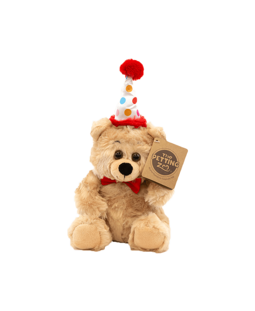 10 inchH tan bear with a red bow and a polka dot hat