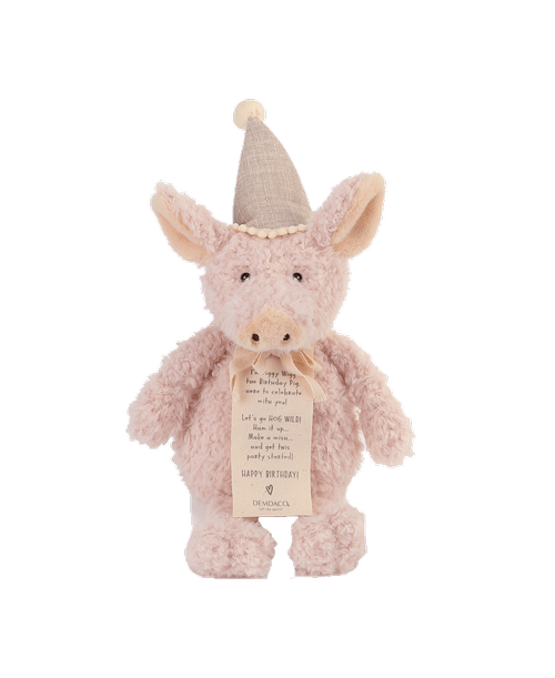 Get ready to hear squeals of delight when you give Piggy Wigg the Birthday Pig to the youngest birthday boy or girl in your life. This friendly, huggable plush is soft and strong, ready for the kind of birthday fun that only a child could dream up. Surface washable and free of removable parts, Piggy Wigg holds up to spirited play on birthdays and every other day of the year. Delight a member of your own family, or give as a thoughtful gesture to a friend or co-worker with a growing baby. Appropriate for boys and girls, Piggy Wigg’s classic, soft colors keep the focus off of gender and where it belongs: on fun! Packaging sentiment: I'm Piggy Wigg the birthday pig, here to celebrate with you! Let's go hog wild! Ham it up...Make a wish...and get this party started! Happy Birthday! 1Size: 5 inchw x 7 inchd x 12 inchh