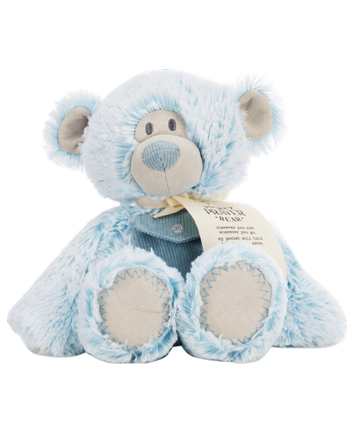 Our blue prayer bear is a huggable buddy, with embroidered eyes, who teaches little ones about prayer. Designed to hold special prayers in his heart, he is a wonderful learning tool as parents begin teaching little ones about faith and values. A heartfelt gift for a newborn, baby shower or religious milestone. Sentiment: Packaging sentiment: Wherever you are, wherever you go, my pocket will hold notes as you grow. A little wish, a little love, a little prayer, whenever you need me, I will be there... Always. Care Instructions: Surface Washable