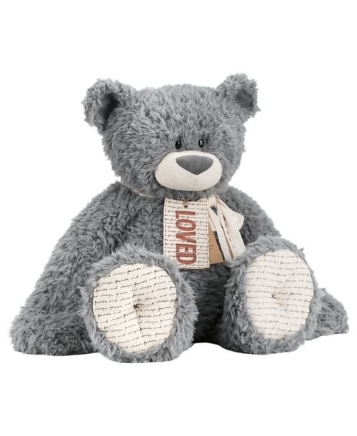 This Jumbo LOVED Bear is an ideal companion for any baby. It features super soft and fuzzy material ideal for little ones to cuddle with. The teddy bear's big size also makes it easy to hug. It exhibits a textured gray fabric and red thread accent on its feet. A tender sentiment also decorates the plush item. It reads: inchI've been looking for a home. A place where I am LOVED. A friend to give me snuggles, And I'll give great bear hugs. My new best friend is out there. I know this to be true. I guess I'm really hoping My new best friend is YOU! inch This gender-neutral bear friend is ideal for gifting any baby. Share heartfelt moments with Jumbo LOVED Bear. This DEMDACO item is surface washable. Sentiment: I've been looking for a home. A place where I am LOVED. A friend to give me snuggles, And I'll give great bear hugs. My new best friend is out there. I know this to be true. I guess I'm really hoping My new best friend is YOU!