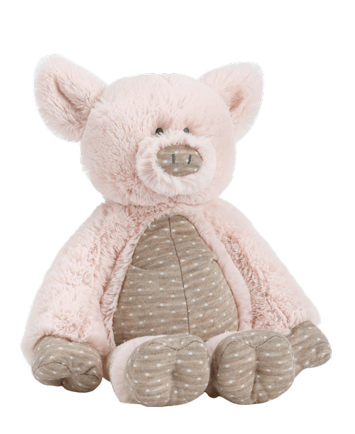 The Barnyard Pig Plush is a great gift for any child who could use a snuggler and a friend. As part of the Barnyard Baby Collection, this cuddly friend encourages playtime while learning about animal sounds. Makes a great gift along with coordinating Barnyard Pig Blankie and Barnyard Pig Rattle. Made of soft polyester knit in pink and brown with coordinating polka dot accents