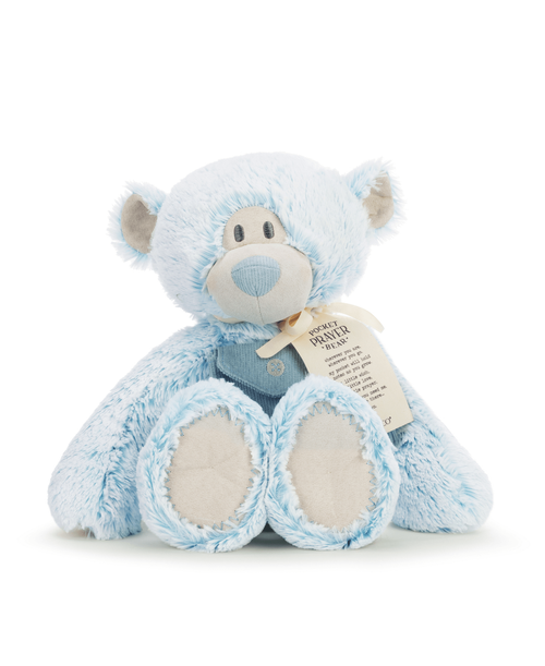 Our 16 inch blue prayer bear is a huggable buddy, with embroidered eyes, who teaches little ones about prayer. Designed to hold special prayers in his heart, he features a corduroy pocket and praying hands. He is a wonderful learning tool as parents begin teaching little ones about faith and values. A heartfelt gift for a newborn, baby shower or religious milestone.
