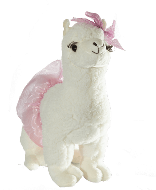 A 12 inch white plush llama with a pink ribbon and a pink tutu