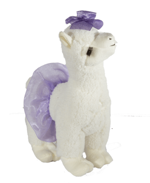 A 12 inch white plush llama with a purple ribbon and a purple tutu