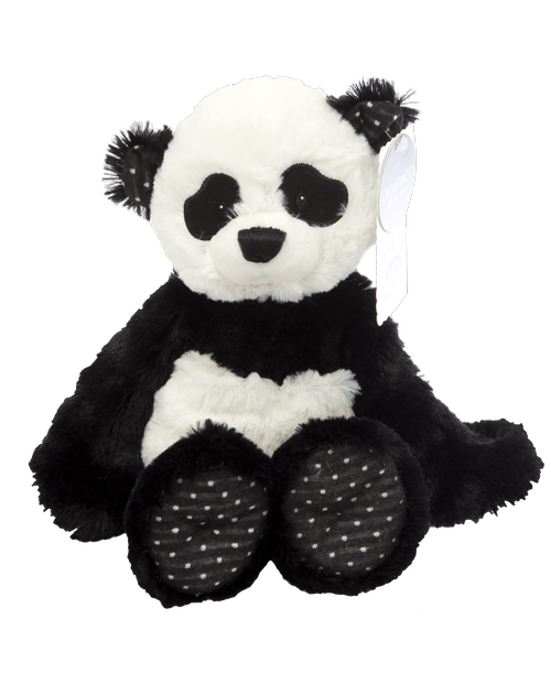 13 inch Pita the Panda plush is made of soft polyester knit in a black and white pattern with polka dot accented feet and ears.