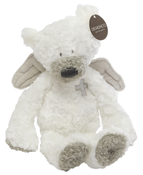 14 inch white and silver Guardian Angel Bear with silver wings and a cross on the upper right of its chest
