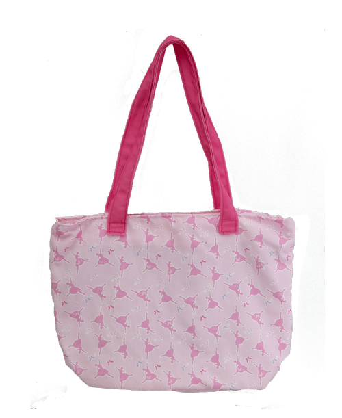 A 12 inch pink tote bag with a dancer design