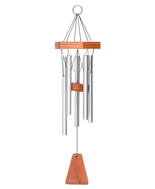Arias ® 17-inch Windchime in Satin Silver. Everyone wants their home to be a place of comfort, and this compact chime makes that possible for everyone! Its petite size and durability make it an option for any patio or garden, where it will bring soft music to float through your entire yard. A subtle touch like this Arias® chime can make all the difference!