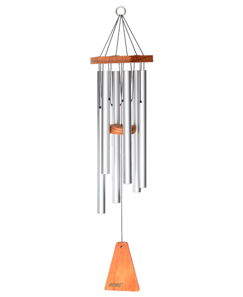 Arias ® 29-inch Windchime in Satin Silver. This windchime can be a perfect fit in anyone's lifestyle, so it makes a fabulous gift! Give the gift of music to your friends and family this year. Hand tuned in the U.S.A., so you can be positive that this is a high-quality, durable present that looks great, too!