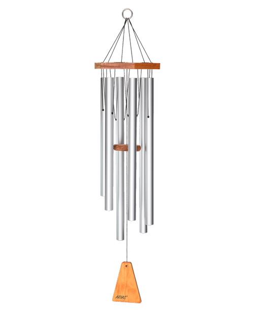 Arias ® 34-inch Windchime in Satin Silver. This midsize chime can hang anywhere! Small enough to be one of the many details in your yard or large enough to be the centerpiece, this chime will give the entire area a homey feel with its relaxing melodies.