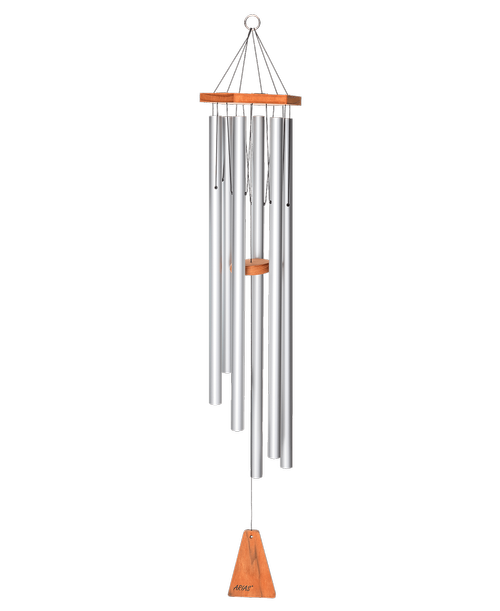 Arias ® 44-inch Windchime in Satin Silver. This midsize chime is handcrafted with high-quality materials to produce beautiful tones that will resonate throughout your landscape. It will be a focal point that matches beautifully. It is the ideal piece to create that serene feeling of getting away from it all.
