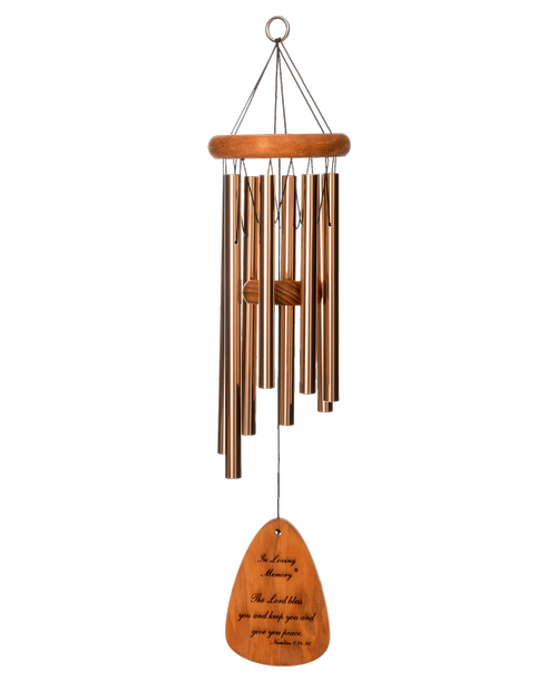 The In Loving Memory® 24 inch windchime is a charming memorial tribute that will honor your loved ones for years to come. Made of American redwood. Each are made in the USA and hand-tuned to pentatonic scales. The redwood sail is engraved on one side with an inspirational verse inchThe Lord bless you and keep you and give you peace. inch Numbers 6:24-26