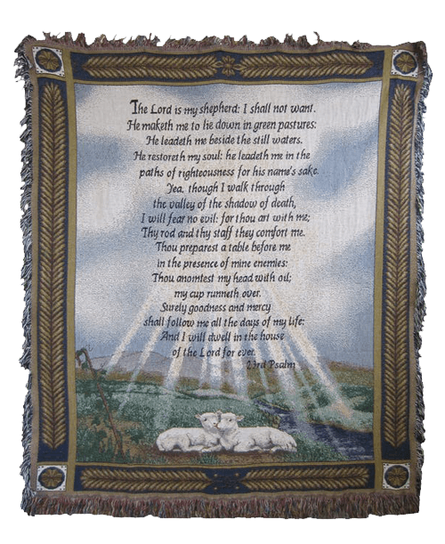 The light of the word from the inch23rd Psalm inch shines down on two innocent lambs in this throw. A border of blue and brown surround the biblical verse. Try hanging this throw as wall decorum. Size: 51 inch x 68 inch