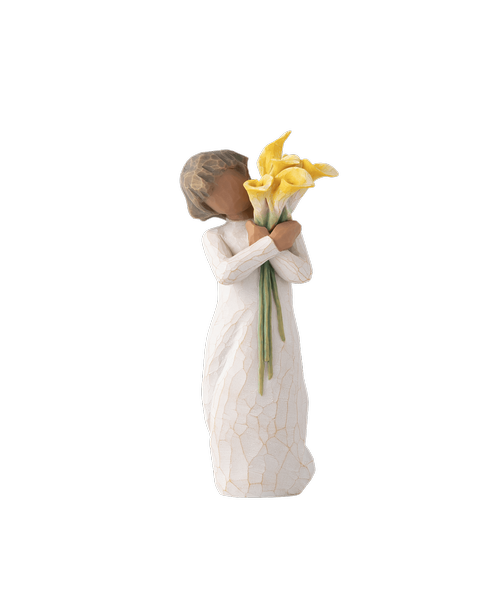 5.5 inchH With Gratitude (holding yellow calla lilies). Willow Tree by Susan Lordi. A gift to say Thank You; to express gratitude to those who care for us, encourage and support us, and surround us with love and joy. A gift to oneself as a reminder to practice gratitude in daily life. And, for those who love flowers and gardening. Sentiment: Filled with a golden light of gratitude. 5.5 inchH