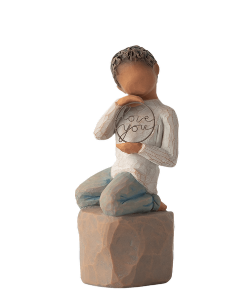 4.5 inch H Love You Too - darker skin.Willow Tree figurine by Susan Lordi. Figurine of young boy kneeling on a rock, holding “love you” in his hands is a sweet, thoughtful, daily reminder of love. A gift for Mother’s or Father’s Day, graduation, or moving away from home… for parents, grandparents, teachers. Sentiment: ...a little reminder