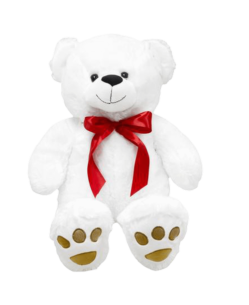 A 28 inch white plush bear (18 inch Sitting) with a red bow.
