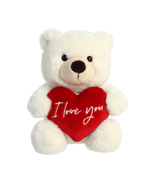 6.5 inch cream plush bear holding a red heart with inchI Love You inch