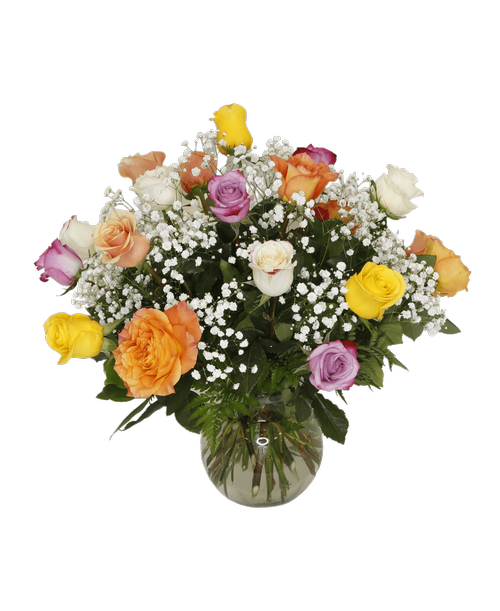 A 7-3/4 inch recycled glass vase holds an all around arrangement with two dozen assorted colored roses, and baby's breath. 22 inchH x 22 inchW