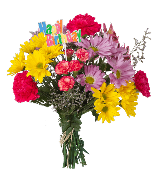 Hand-tied bouquet including carnations, mini carnations, daisy poms, alstroemeria, and caspia. Includes a Happy Birthday stick in.
