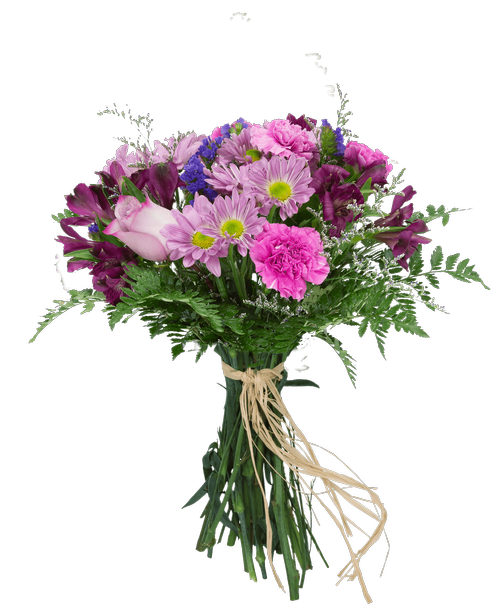 Hand-tied bouquet including a rose, carnations, alstroemeria, daisy poms, caspia, and statice