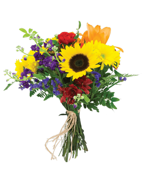 Hand-tied bouquet including a sunflower, a lily, alstroemeria, carnations, stock, daisy poms, viking poms, and purple statice.