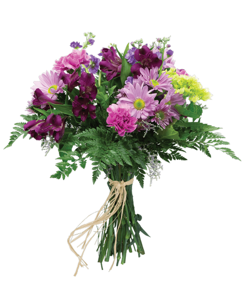 Hand-tied bouquet including a mini green hydrangea, stock, alstroemeria, carnations, daisy poms, and caspia.