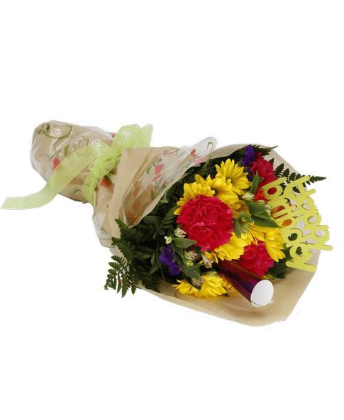 Hand-tied bouquet including a rose, charmelia alstroemeria, carnations, mini carnations, daisy poms, and statice. Decorated with a party horn and a Happy Birthday stick in.