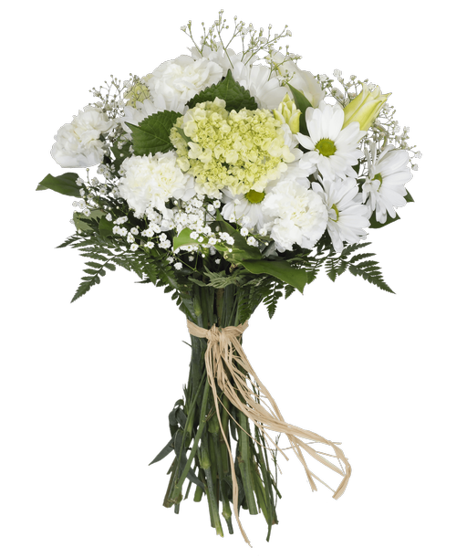 Hand-tied bouquet including mini hydrangea, a lily, carnations, daisy poms, and baby's breath.