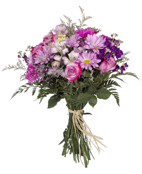 Hand-tied bouquet including five roses, a hydrangea, stock, alstroemeria, carnations, daisy poms, and caspia.