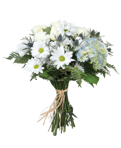 Hand-tied bouquet including three roses, hydrangea, carnations, daisy poms, eryngium, and caspia.