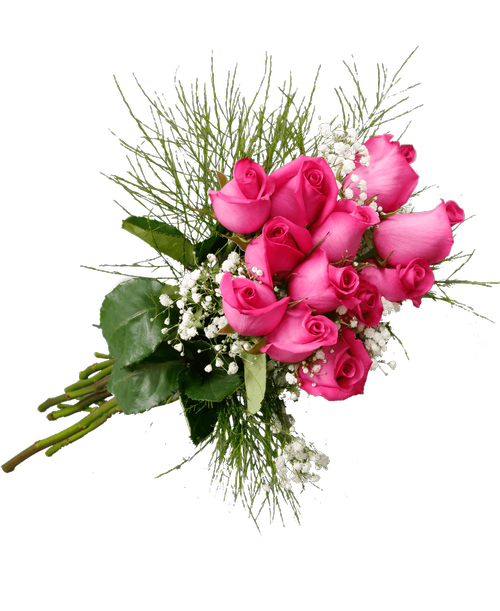 Hand-tied bouquet including twelve pink roses, baby's breath and tree fern.