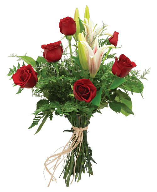 Hand-tied bouquet including six red roses, two pink lilies, and caspia.