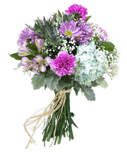 Hand-tied bouquet including a hydrangea, carnations, daisy poms, alstroemeria, eryngium, and baby's breath. 