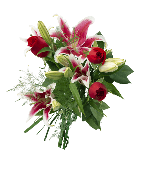 A fresh gathered bouquet with three roses, three stargazer lilies, and tree fern.