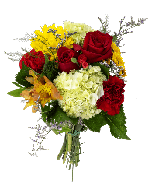 A fresh gathered bouquet with two roses, mini green hydrangea, daisy poms, viking poms, carnations, alstroemeria, mini carnations, caspia, and tree fern.