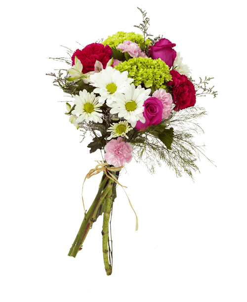 A fresh gathered bouquet with two roses, mini green hydrangea, daisy poms, carnations, alstroemeria, mini carnations, caspia, and tree fern.