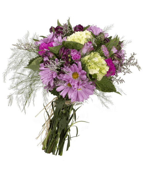 A fresh gathered bouquet with three roses, mini green hydrangea, daisy poms, carnations, alstroemeria, mini carnations, caspia, and tree fern.