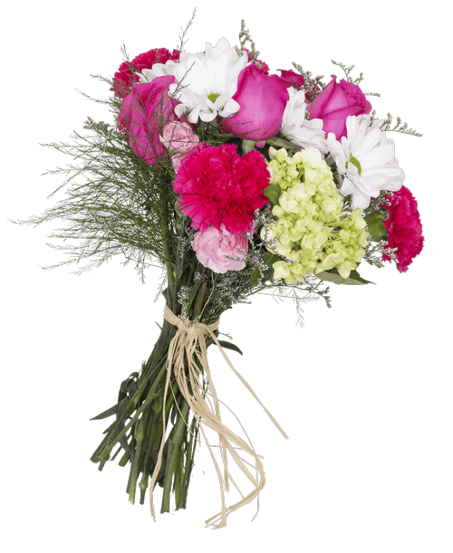 A fresh gathered bouquet with five roses, mini green hydrangea, daisy poms, carnations, mini carnations, caspia, and tree fern.