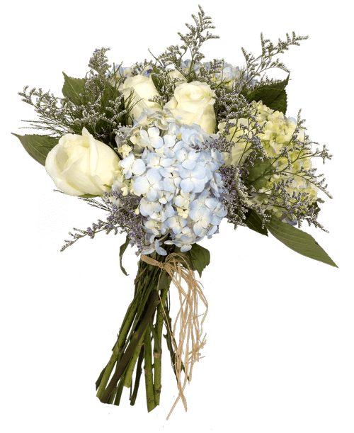 A fresh gathered bouquet with six roses, four hydrangea, caspia, and tree fern.