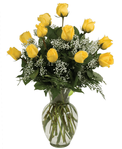 A rose arrangement with one dozen long-stemmed yellow roses, baby's breath and greens designed all-around in a 10 inchH clear glass vase. 26 inch height