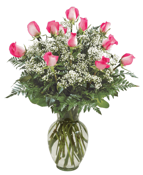 A rose arrangement with one dozen long-stemmed pink roses, baby's breath and greens designed all-around in a 10 inchH clear glass vase. 26 inch height